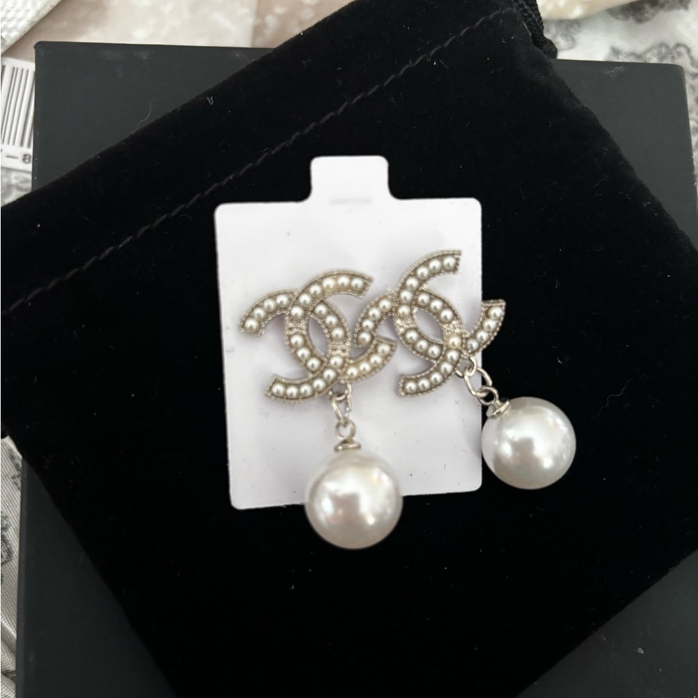 Silver and White Crystal Pearl Drop Earrings